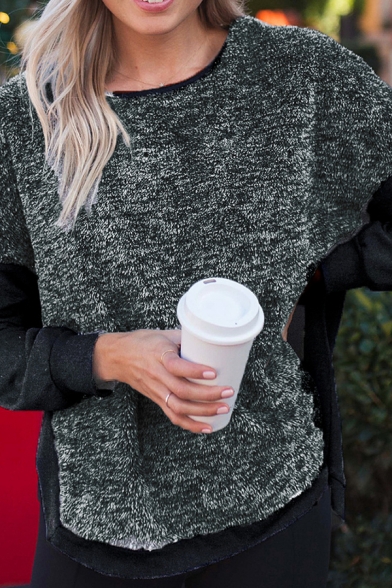 Womens Popular Colorblock Plush Patchwork Side Split Long Sleeve Oversized Sweatshirt Top