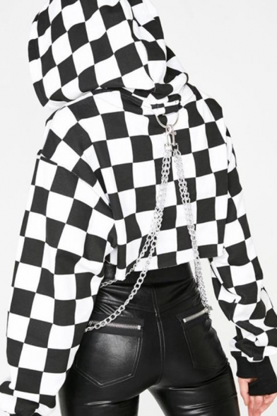 Womens Punk Stylish Allover Plaid Pattern Long Sleeve Black & White Cropped Hoodie with Chain