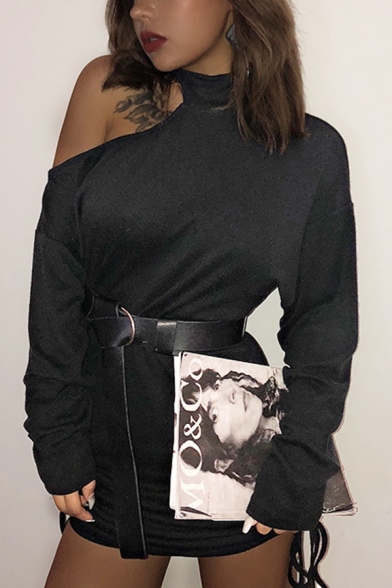 Womens Sexy Cutout Shoulder Long Sleeve Mock Neck Drawstring Pleated Side Black Cashmere Mini Shift Dress