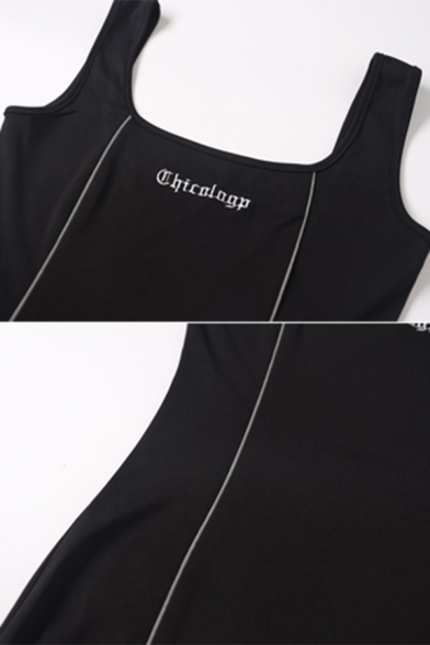Womens Simple Reflective Striped Embroidered Letter Printed Slim Fit Mini Tank Dress in Black