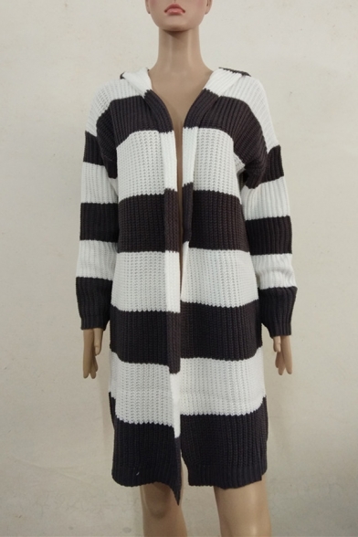Womens Simple White and Gray Stripe Printed Long Sleeve Purl-Knit Longline Cardigan Coat with Hood
