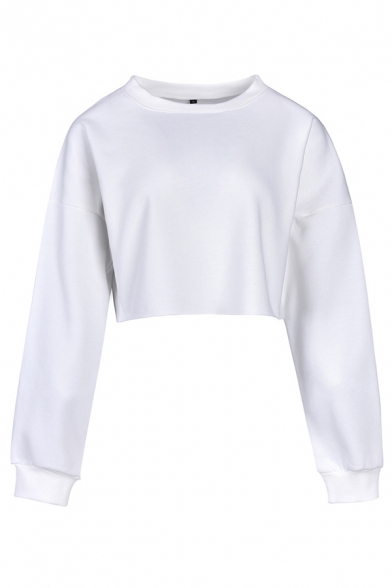 Womens Solid Color Classic Long Sleeve Crew Neck Loose Fit Cropped Pullover Sweatshirt