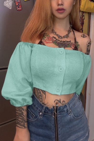 Womens Solid Color Off Shoulder Lantern Sleeve Single Breasted Sexy Cropped Sweater Cardigan