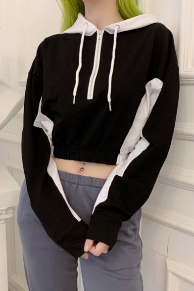 TIFENNY 2018 New Womens Fashion Tops Varsity-Striped Drawstring Crop Sweatshirt Jumper Crop Pullover Blouse with Hooded