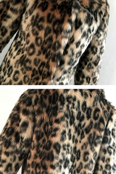 Womens Warm Leopard Print Lapel Collar Long Sleeve Longline Brown Faux Fur Thick Coat