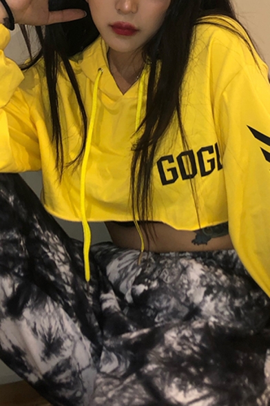 Yellow GOGUY Letter Chest Arrow Printed Long Sleeve Baggy Cropped Drawstring Hoodie
