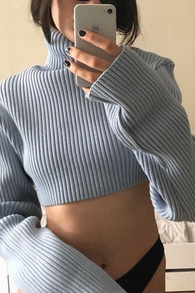Autumn New Fashion Light Blue Turtle Neck Long Sleeve Cropped Casual Pullover Sweater