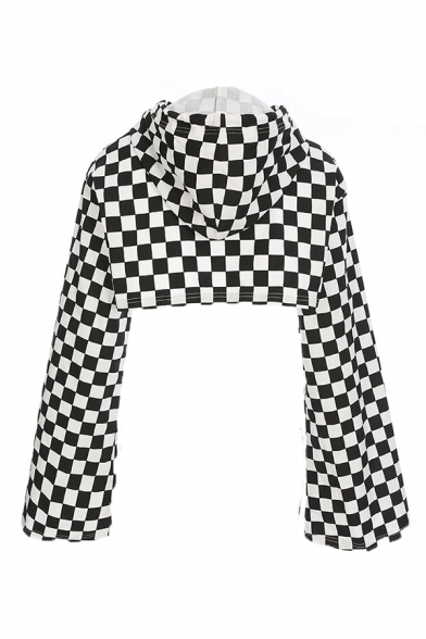 Cool Black and White Plaid Pattern Cutout Bell Long Sleeve Sunscreen Crop Drawstring Hoodie