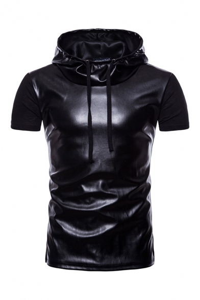 Cool Black PU Leather Panel Short Sleeve Slim Fit Drawstring Hoodie for Men