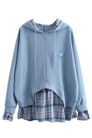 Girls Blue Fashionable Unicorn Embroidery Printed Fake Two Piece Checked Patchwork Oversized Drawstring Hoodie
