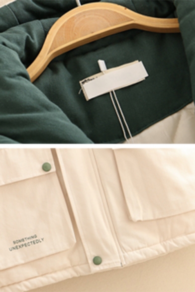 Girls Chic Winter Warm POSITIVE Printed Back Colorblock Hood Flap Pocket Cargo Padded Coat