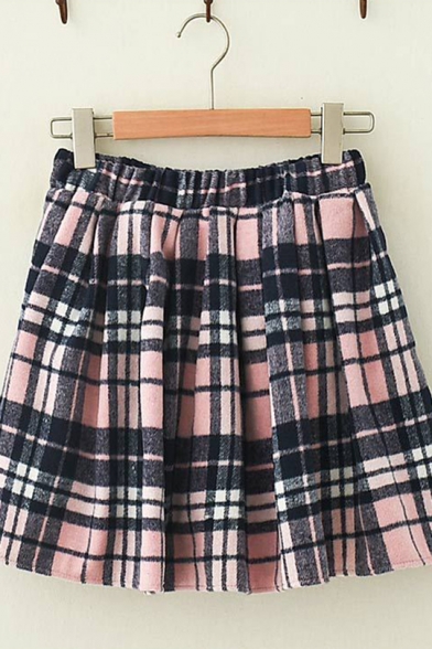 Girls Stylish Pink Check Printed Elastic Waist Casual Mini A-Line Wool Skirt