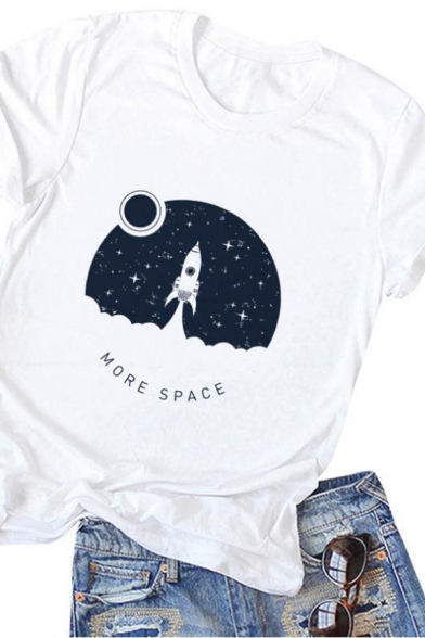 Girls White Unique Universe Outer Space Print Short Sleeve Relaxed Fit Casual T-Shirt Top