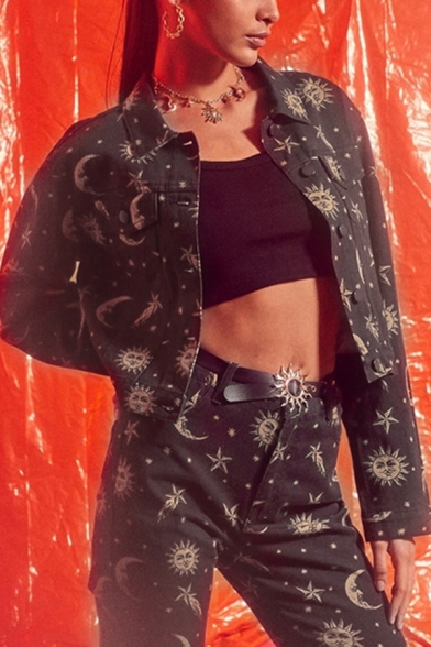 Hipster Hip Hop Black Moon Sun Star Print Long  Sleeve Single Breasted Crop Denim Jacket