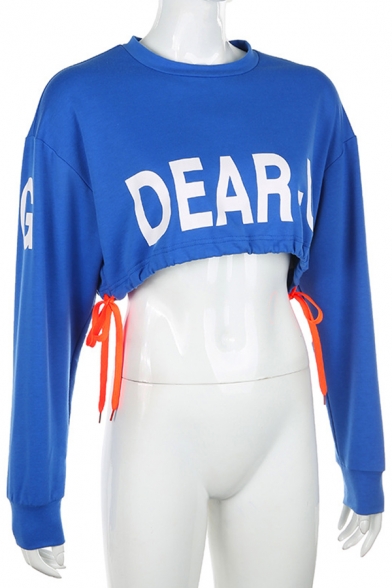 Hot Popular Blue DEAR-U Letter Printed Front Long Sleeve Colorblock Drawstring Hem Crop Sweatshirt