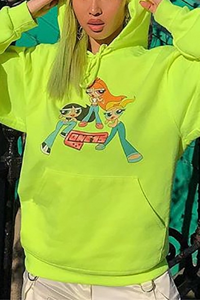 Lovely Cartoon Character Printed Fluorescent Green Long-Sleeved Drawstring Loose Hoodie with Pocket