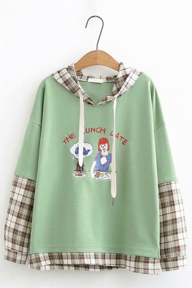 Lovely Girl and Fish THE LUNCH DATE Letter Printed Plaid Patched Long Sleeve Drawstring Hoodie