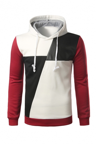 Mens Casual Contrast Long Sleeve PU Leather Splicing Regular Fit Drawstring Pullover Hoodie