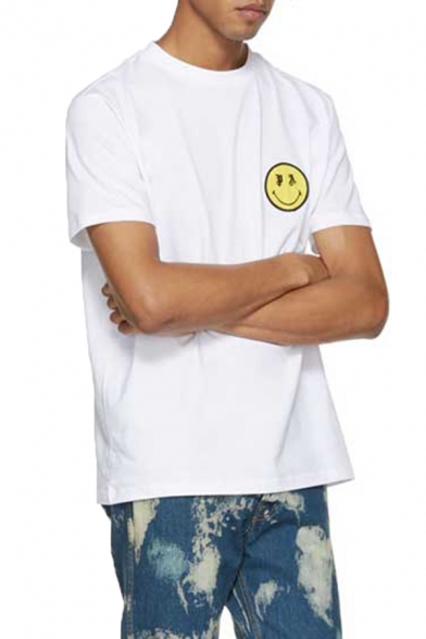 Mens Casual Smile Face Pattern Chest Short Sleeve Crew Neck White Relaxed T-Shirt