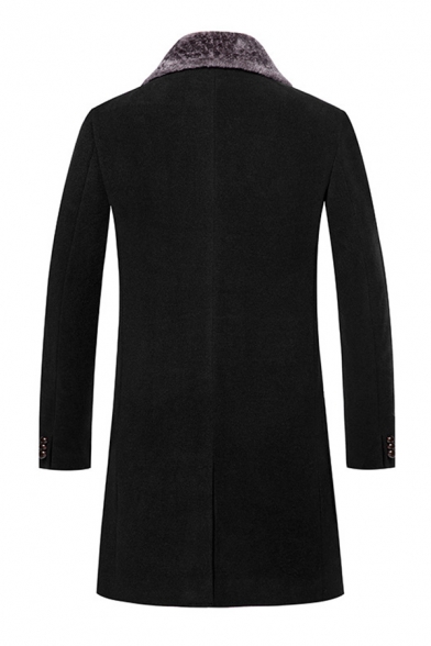Mens Charming Color Block Lapel Collar Long Sleeve Double Button Longline Wool Overcoat Trench Coat with Pocket