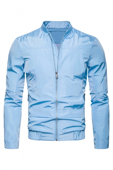 Mens Fashionable Sky Blue Plain Long Sleeve Zip Placket Casual Outdoor Thin Track Jacket