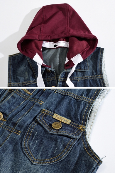 Mens New Fashionable Color Block Detachable Hood Single Breasted Blue Denim Casual Vest with Pocket