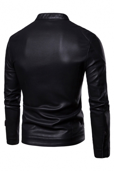 Mens Simple Plain Black Snap Collar Long Sleeve Zip Placket Slim Fit PU Jacket
