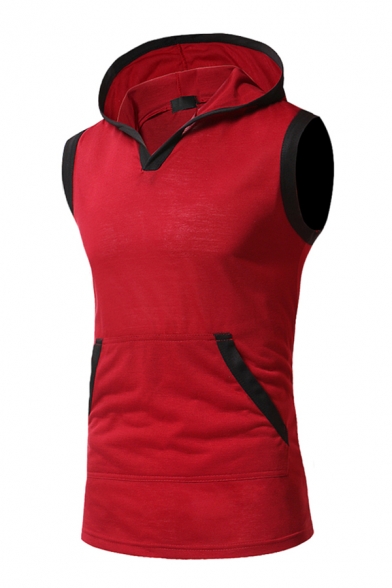 Mens Sportive Contrast Trim Design Sleeveless Slim Fit Hoodie Vest with Kangaroo Pocket