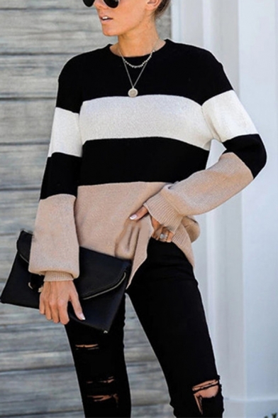 New Colorblock Wide Stripes Printed Long Sleeve Loose Apricot Pullover Sweater Knitwear Top