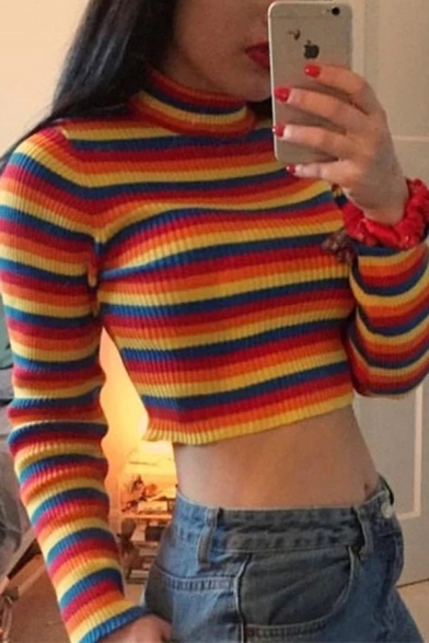 Popular Girls Rainbow Stripes High Collar Long Sleeve Slim Fit Crop Pullover Knitted Sweater