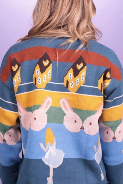Preppy Chic Regular Cartoon Girl and Rabbit Print Long Sleeve Blue Loose Knitted Pullover Sweater