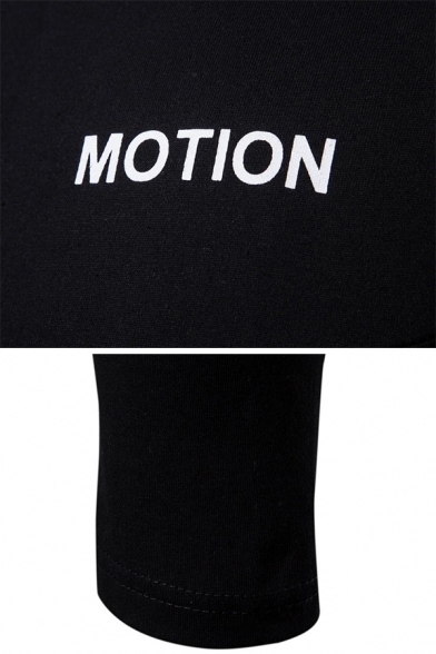 Simple Letter MOTION Printed Long Sleeve Asymmetric Hem Slim Fit Plain Pullover Hoodie