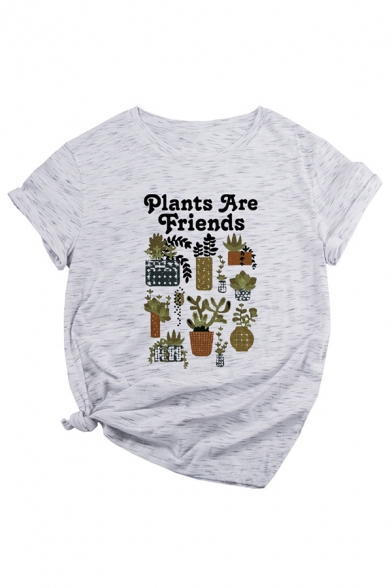 Simple PLANTS ARE FRIEND Letter Printed Short Sleeve Crew Neck Oversized Marbled T-Shirt