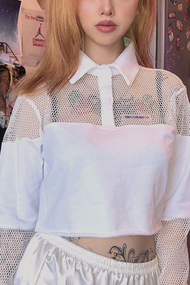 Street Style Fashion Fishnet Patch Long Sleeve Button Front Plain Loose Crop Top Sweatshirt in White