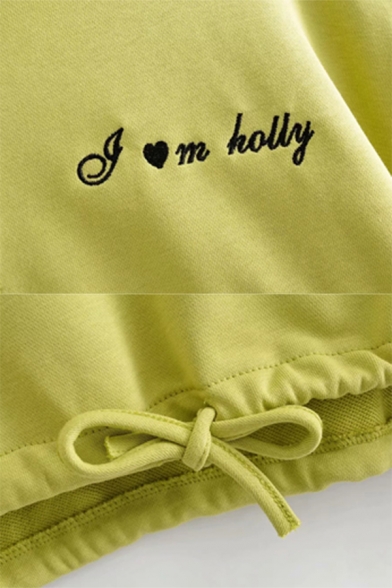 Stylish Green Embroidery Letter Stand Up Collar Half Zip Drawstring Hem Cropped Sweatshirt