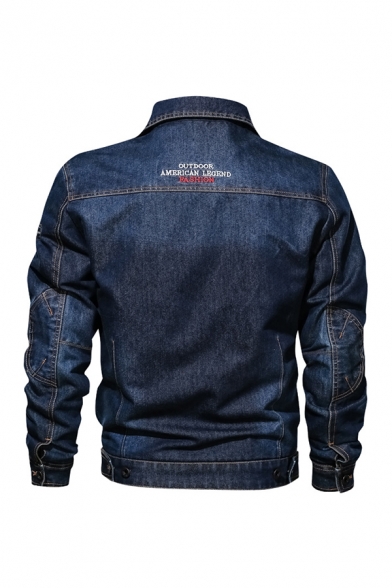 Stylish OUTDOOR AMERICAN LEGEND FASHION Letter Back Lapel Collar Button Down Classic Denim Jacket