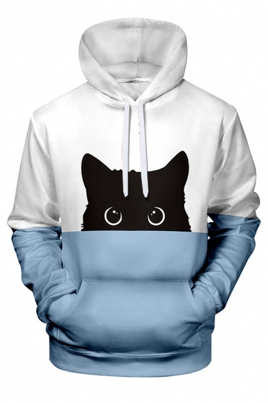 Unisex Cute Cat Digital Printed Color Block Long Sleeve Drawstring Hoodie with Pocket