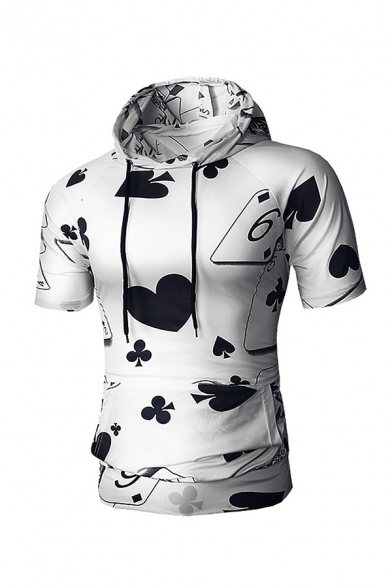 White and Black Playing Cards Pattern Short Sleeve Slim Fit Drawstring Hoodie with Pocket