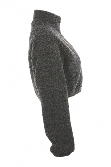 Winter Fashion Dark Grey Stand Collar Long Sleeve Zip Up Sherpa Fleece Cropped Jacket Plain Sweatshirt