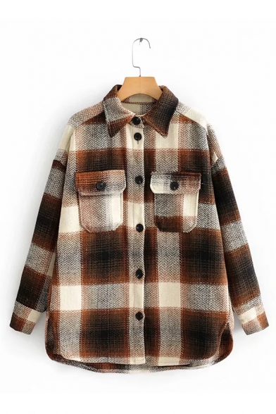 Winter Stylish Plaid Long Sleeve Single Breasted Curved Hem Loose Woolen Shirt Jacket Coat with Flap Pocket