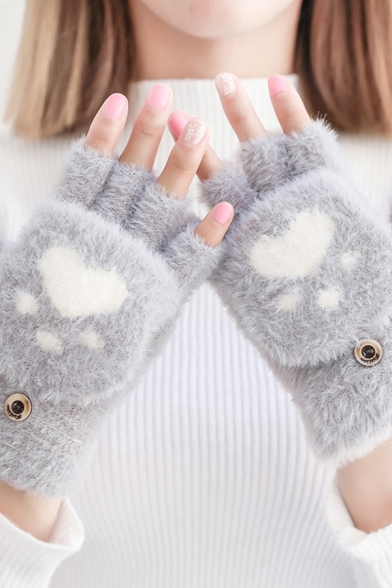 Winter Warm Cute Cat Claw Pattern Fuzzy Fingerless Convertible Gloves Flip Mittens