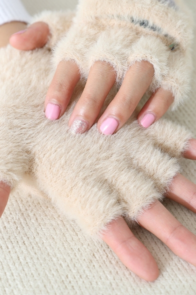 Winter Warm Cute Cat Claw Pattern Fuzzy Fingerless Convertible Gloves Flip Mittens