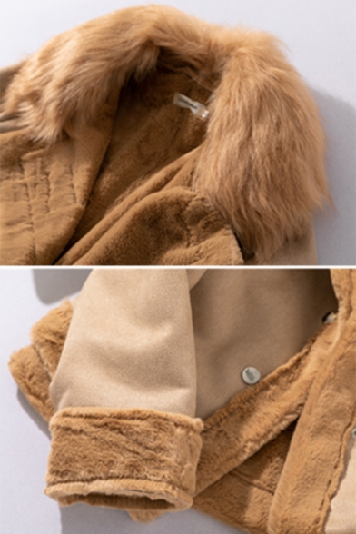 Winter Warm Fur Collar Long Sleeve PU Buckle Strap Detail Side Split High Low Suede Casual Jacket