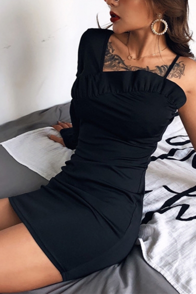 Women's Elegant Plain Black One Shoulder Single Sleeve Ruffle Embellished Mini Fitted Dress