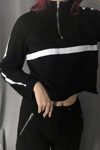 Womens Black Chic Striped Patchwork Long Sleeve Half Zip Loose Cropped Sweatshirt