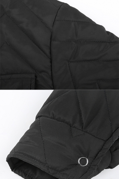 Womens Black Plain Long Sleeve Flap Pocket Button Front Lightweight Cropped Padded Jacket