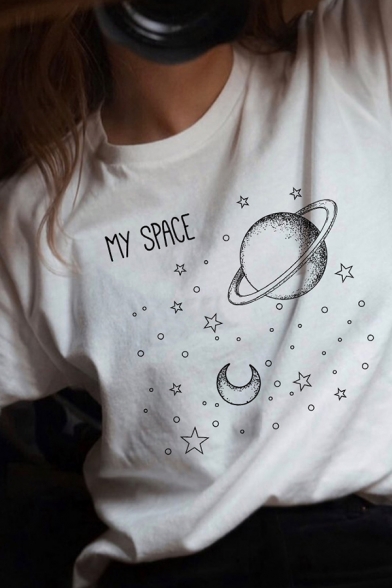 

Womens Cartoon Planet MY SPACE Letter Printed Round Neck White Short Sleeve Tee, LC568544