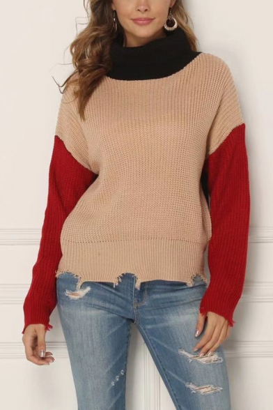 Womens Casual Turtleneck Colorblocked Long Sleeve Ripped Hem Purl-Knit OL Commuting Pullover Sweater