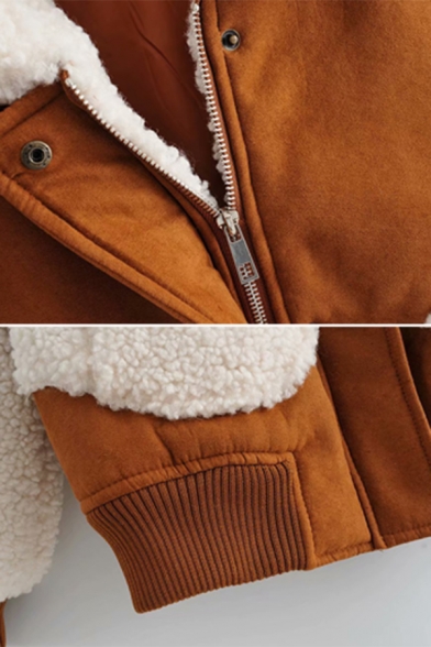 Womens Chic Sherpa Patch Pocket Color Block Lapel Collar Hidden Zip Placket Brown Long Sleeve Warm Thick Coat
