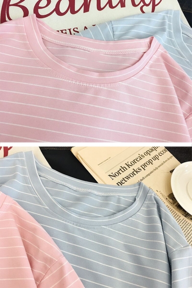 Womens Cute Alien Pattern Striped Round Neck Short Sleeve Casual T-Shirt